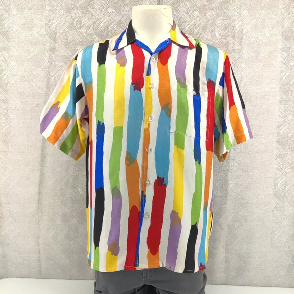 Genelli Shirt Mens Small Multicolor Silk Paint Brush Stripe Short Sleeve Button - Picture 1 of 16